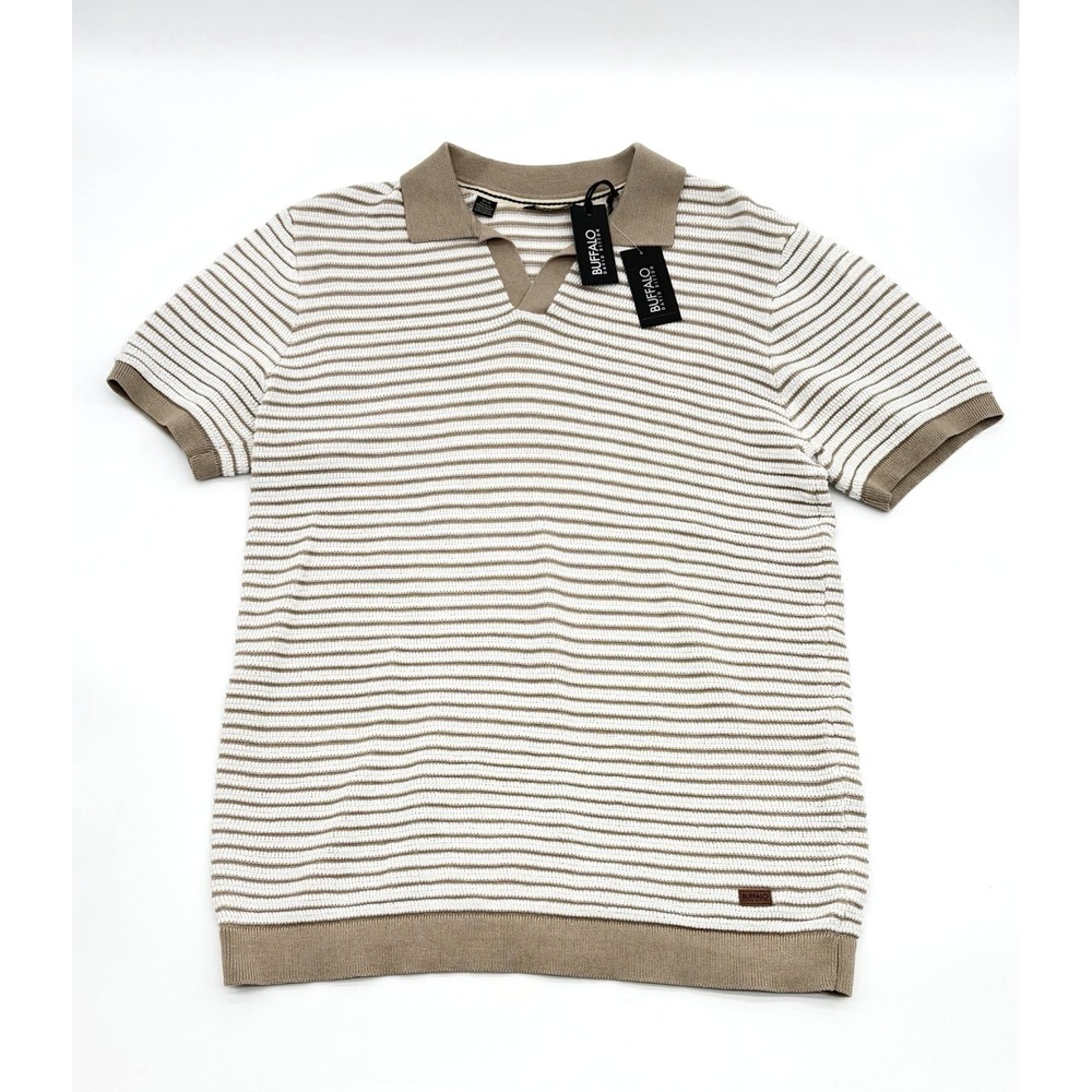 Buffalo David Bitton Mens Sweater Polo Brown White Striped Short Sleeve Medium